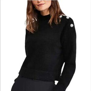 Ann Taylor Black Rhinestone Button Mock Neck Sweater